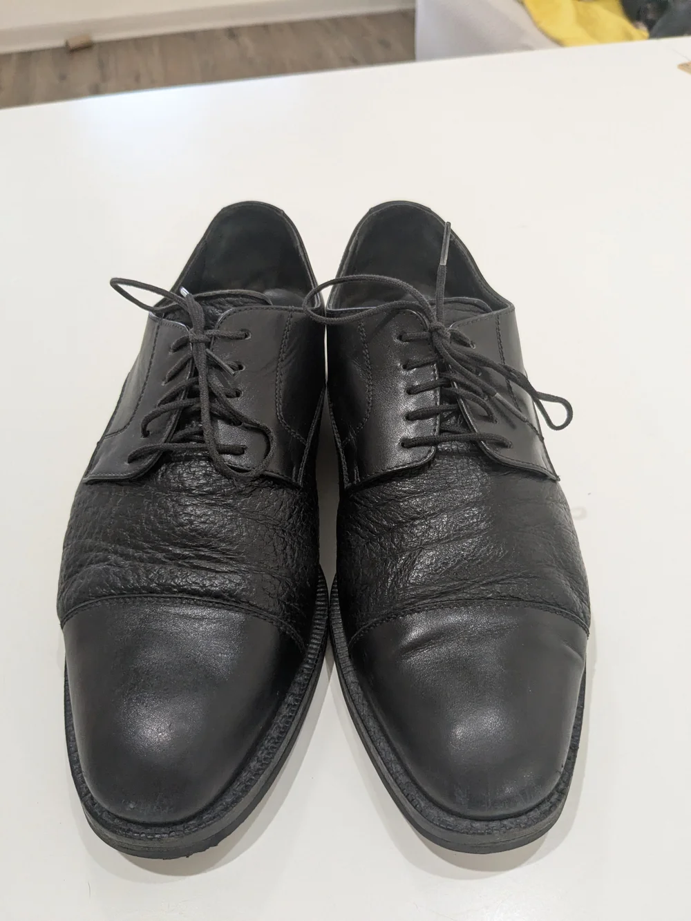 Black Leather Mixed Texture Cap Toe Derby Dress Shoes Men's Vibram Soles Grained